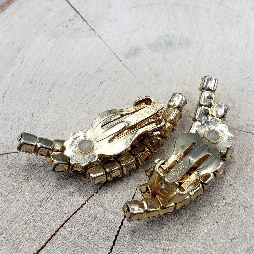 Vintage LaRoca Rhinestone Earrings Clip Style Signed Red & Clear Half Moon Shape - Picture 3 of 3